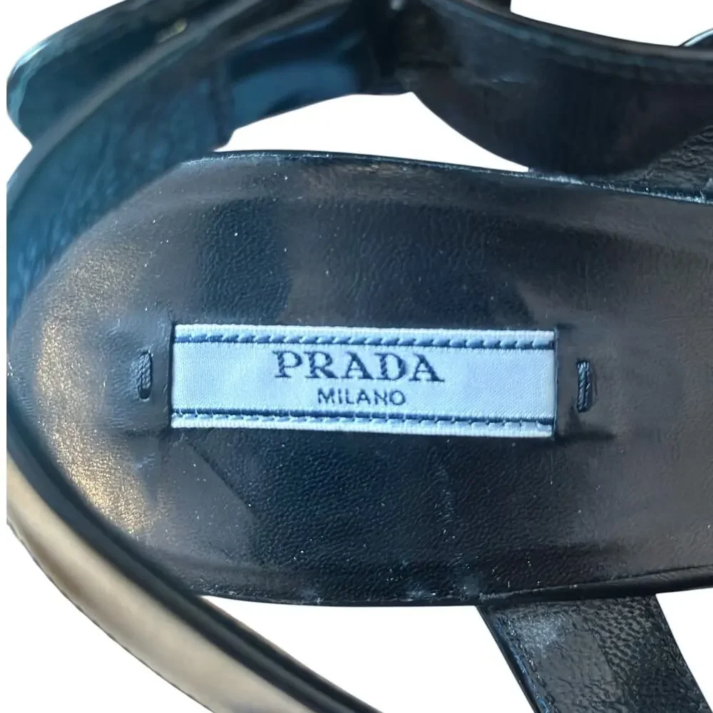 Prada Black Patent Leather T Strap Bow Open Toe Block Heel Sandals 40